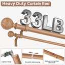 Wood Double Curtain Rod 36-153 Inch, Boho Decorative Extra Long Dual Curtain Rods for Windows, 1" Adjustable Heavy Duty Double Rod, Unique Handmade Imitation Wood Grain Leaf Finials Design