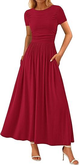 PRETTYGARDEN Women's Casual Dresses 2025 Summer Short Sleeve Ruched Patchwork A Line Pleated Swing Maxi Dress with Pockets, Red, Size XS PRETTYGARDEN Women's Casual Dresses 2025 Summer Short Sleeve Ruched Patchwork A Line Pleated Swing Maxi Dress with Pockets, Red, Size XS