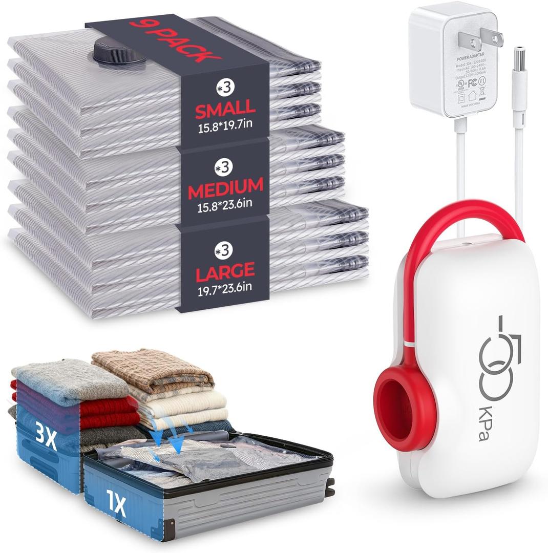 VMstr 9 Pack Vacuum Storage Bags for Travel, Carry-on Size Space Saver Bags for Luggage Clothes and Clothing Compression Packing, High Pressure Electric Pump(DC Power)