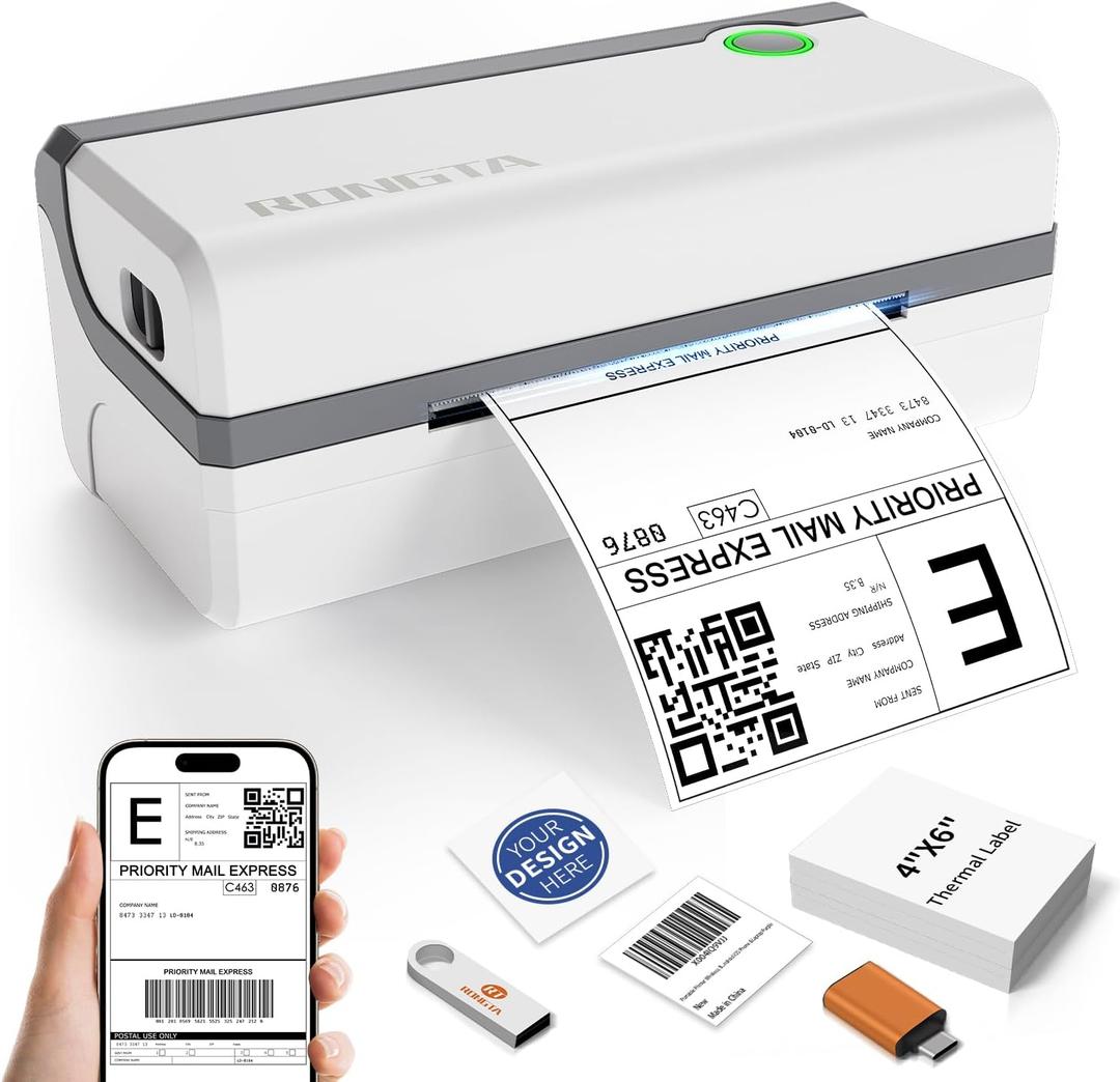 Rongta Bluetooth Thermal Shipping Label Printer, Wireless 4x6 Label Printer for Shipping Packages, Support Android, iPhone, Widely Used for Amazon, Ebay, Shopify, Etsy, USPS (Bluetooth+USB)