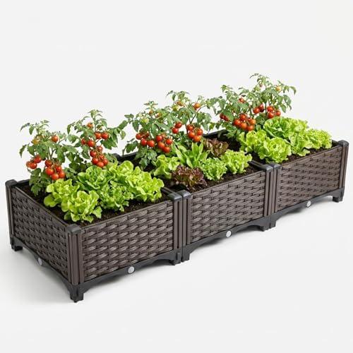 HYZSWGC 3 Planter Boxes Rectangular Raised Garden Bed Kit Indoor Outdoor Plastic Planter Grow Box for Fresh Vegetables, Herbs, Flowers & Succulents, Brown, 46.4'' X 15.7'' X 8.46''