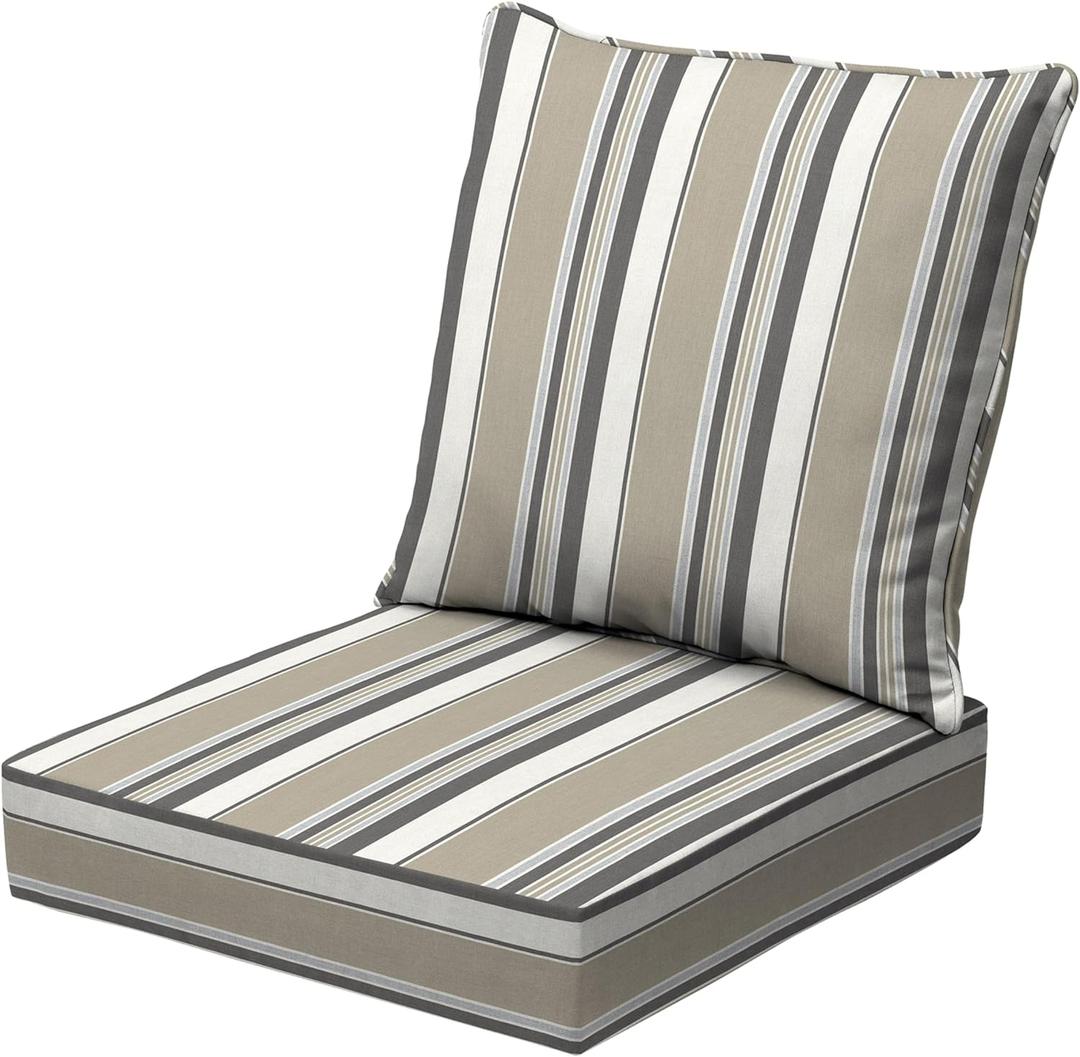 Arden earthFIBER Outdoor Deep Seat Cushion Set, 24 x 24, Rain-Proof, Fade Resistant, Deep Seat Bottom and Back Cushion for Chair, Sofa Taupe Grey Boardwalk Stripe