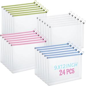 24 PCS A4 Clear Zipper Pouches Bags for Organizing 9x12 Inch Plastic Zipper Envelopes Pouch Reusable Zipper Bags Plastic Folders for Documents Folders 9x12 Clear Envelope Pouch (4 Colors)