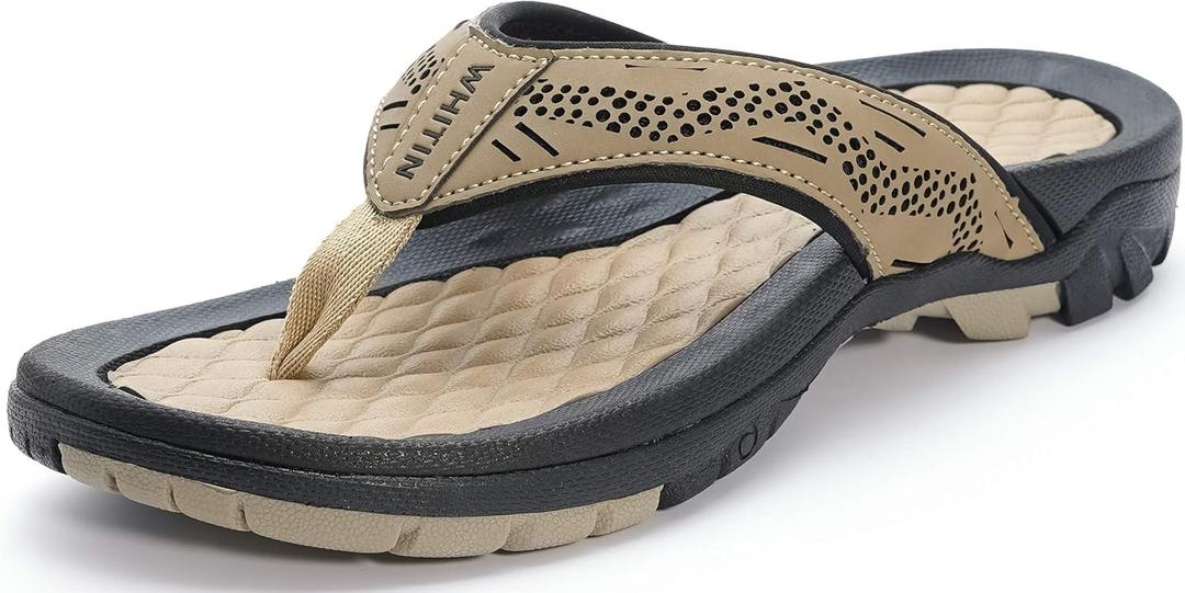 WHITIN Men's Flip Flops | Outdoor Thong Sandals | Arch Support | Slip Resistant (11, Khaki)