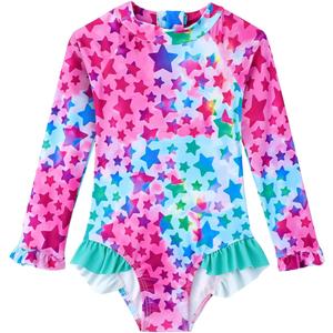 Baby Toddler Girl Long Sleeve Ruffle Swimsuit One Piece Zipper Rash Guard Bathing Suit with UPF 50+ Sun Protection (3-4T, Red Stars)