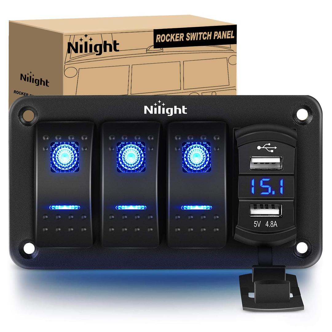 Nilight 3 Gang Rocker Switch Panel with 4.8 Amp Dual USB Charger Voltmeter Waterproof 12V 24V DC Rocker Switch with Night Glow Stickers for Cars Trucks Boats RVs, Blue (Blue)