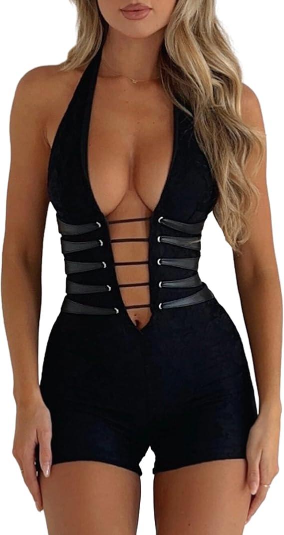 Women's Lace Bodysuit Shorts Solid Color Sleeveless Halter Backless Cross Bandage Jumpsuit Party Club Rompers, Size: L