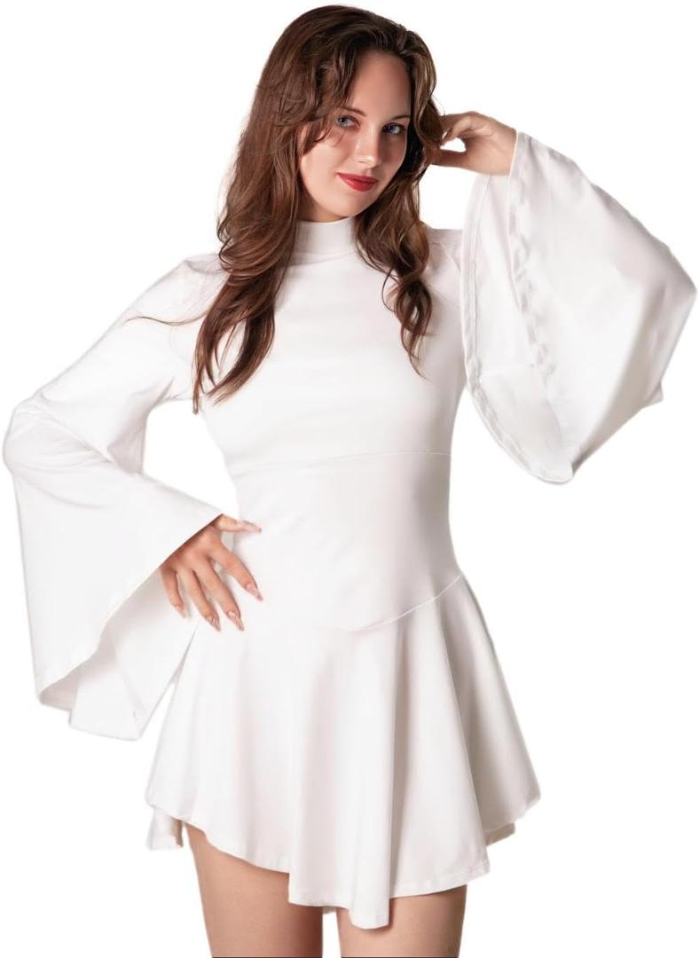 White Long Sleeve Mini Dress for Womens Adult Teens Sexy Princess Robe Cosplay Halloween Costumes, XL, White