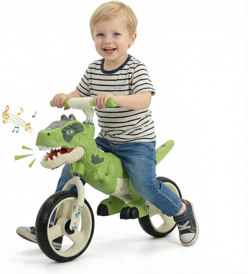 Dinosaur Bike for Kids 3-5, Toddler Balance Bike 4+ Year Old, Birthday Gift for Boys Girls with Adjustable Handlebar, Music & Eye Flashing Lights, Ride On Dino Toy, Carbon Steel Frame 10 Inch Wheels