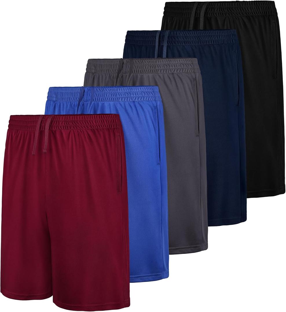 QWE 5 Pack Boys Athletic Shorts, Youth Basketball Soccer Quick Dry Shorts with Pockets for Kids Outdoor Running Gym (Black, L)