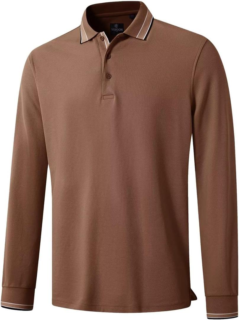 Men's Pique Polo Shirts Long Sleeve Cotton Blend Tipped Casual Collared Polo Shirts Business Classic Fit (Brown-004)