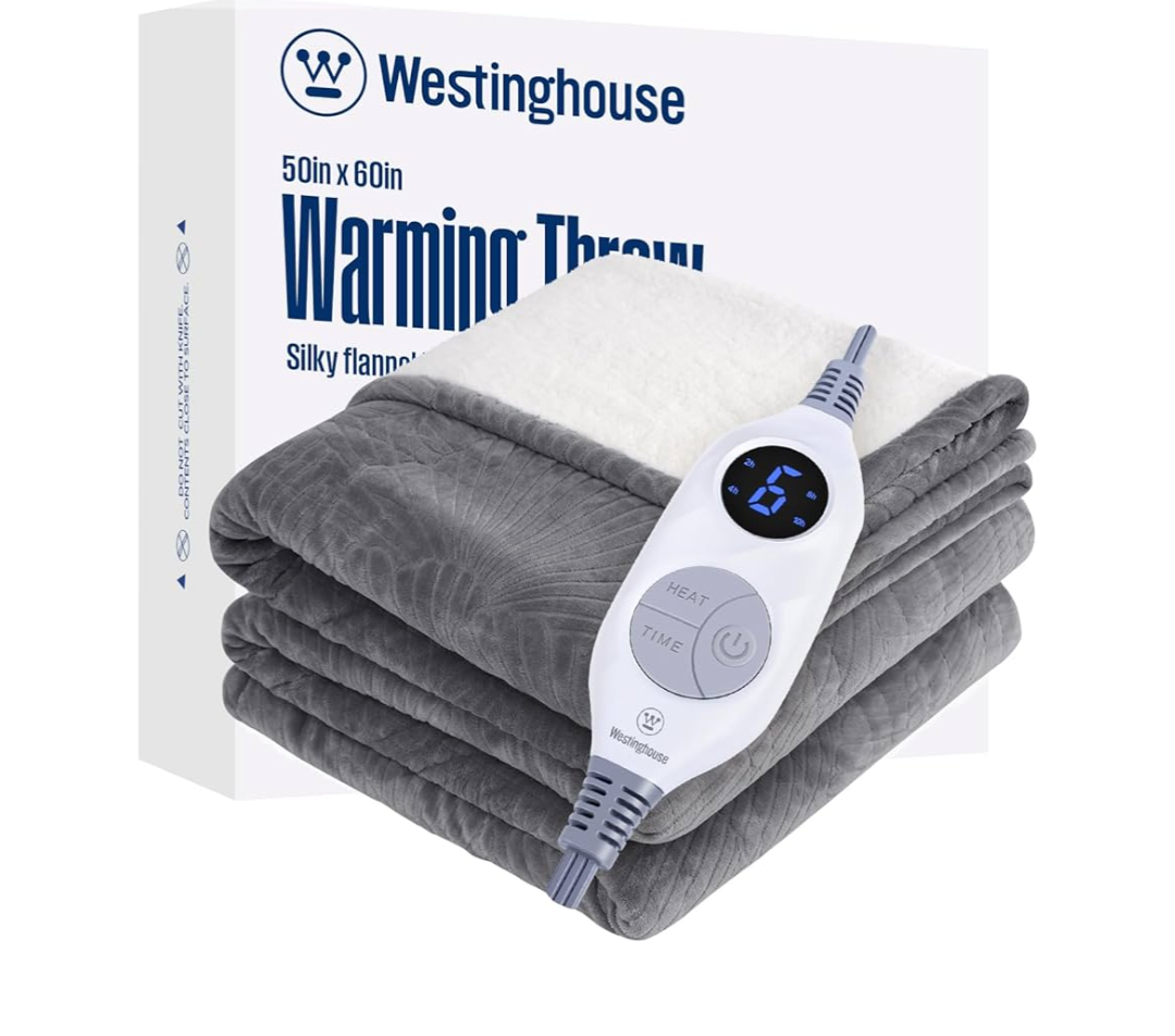 Westinghouse Electric Throw Blanket, Flannel Sherpa Heated Throw with 6 Heating Levels and 2-10 Hours Auto-Off, Flower Jacquard Heated Blanket, Fast Heating & ETL Certification, 50" x 60" Inch, Grey