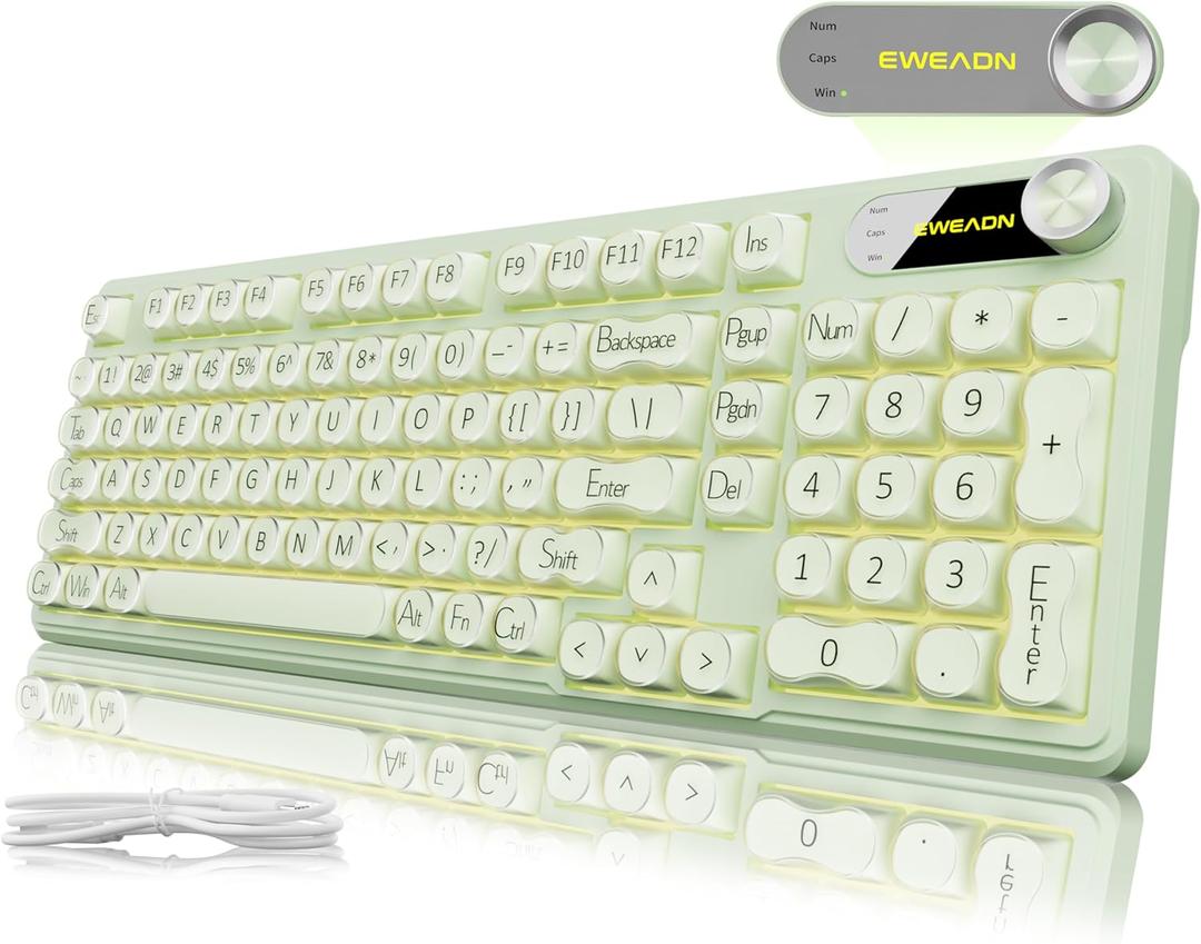 EWEADN V102 Wired Keyboard, 98 Keys Creamy Gaming Keyboard with Number Pad, Display Screen & Media Knob RGB Silent Wired Cute Computer Keyboard for Laptop PC Gamer - Green