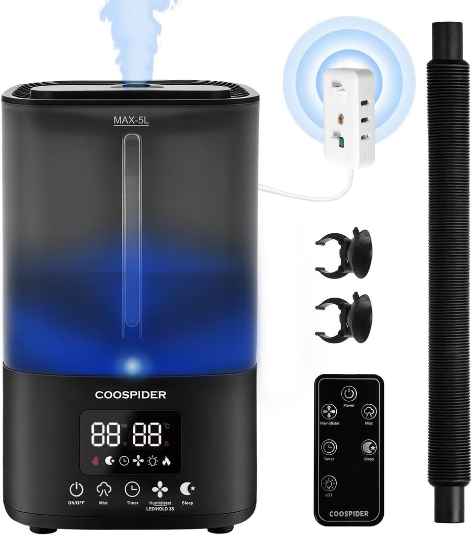 Coospider Humidifier for Indoor Plants, Top Fill Humidifier with Timer Humidity Control, Cool Mist Humidifiers for Houseplants, Grow Room, Mushroom, Bedroom, Greenhouse, Grow Tent (5L /1.32Gal) (500B-Black)