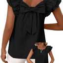 Falechay Womens Bow Tie Back Tops Round Neck Ruffle Short Sleeve Shirts Cute Babydoll Chiffon Tee Women Summer Trendy Tunic Size XL