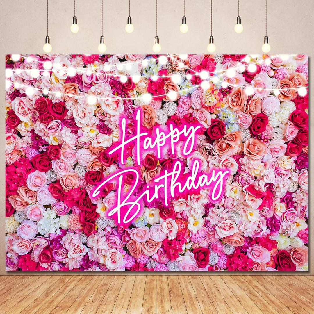 Pink Flower Happy Birthday Backdrop Banner Decorations for Women,Pink Neon Birthday Sign Backdrops Banner Red Rose Flowers Photography Background Girls Bday Party Decor Photo Booth Prop 10x7ft