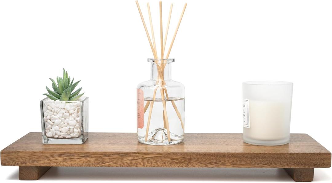 Narrow 17" Acacia Wood Riser Pedestal Stand  Farmhouse Wood Display Riser for Kitchen and Bathroom Decor - Counter Display, Plant Stand, Jewelry Holder, Vanity Tray, Candle Stand (Narrow:17"x6"x1.57")