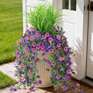 Hommyea Artificial Hanging Flowers for Outdoors with Wheat Grass, 5 Pcs Fake Hanging Plants for Spring Decor, UV Resistant Faux Silk Flower Greenry for Planter Porch Patio Yard Garden(Double Purple)