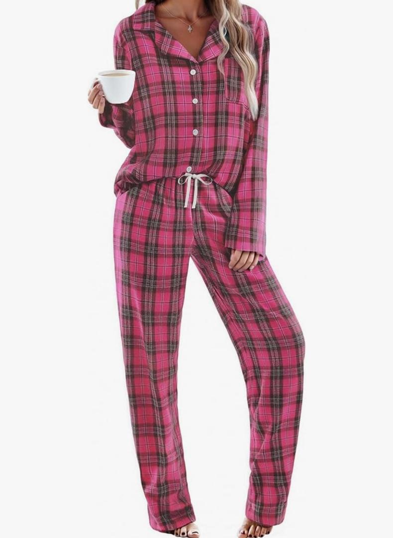 Ekouaer Womens Pajama Sets 2 Piece Cotton Plaid Pjs Long Sleeve Sleepwear Button Down Lounge Set with Pockets L