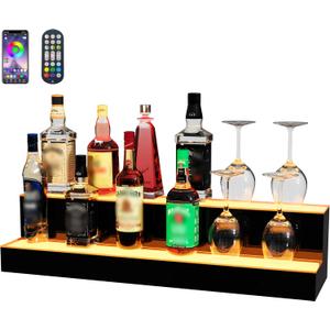 MESAlLUP 30 Inch 2 Tier Lighted Liquor Bottle Display Shelf, LED Bar Shelves with APP or Remote Control, Mulit Color Lighting for Home Mini Bars Decor, Restaurants & Party Use, Acrylic Stand