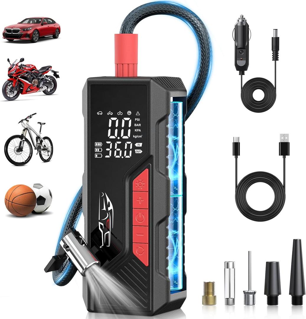 Tire Inflator Portable Air Compressor, Cordless Air Pump for Car Tire 150PSI, Battery & 12V DC, Electric Bike Pump with Pressure Gauge, Auto Shutoff, for Bicycle, Ball, Motorcycle Accessories (Black-red)