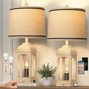 QiMH Table Lamp for Living Room, Farmhouse Lamps Set of 2 with USB A+C and Nightlight, 26" Rustic Bedside Lamps with 3-Way Dimmable Touch Control, Nightstand Lamp for Bedroom Decor, Beige