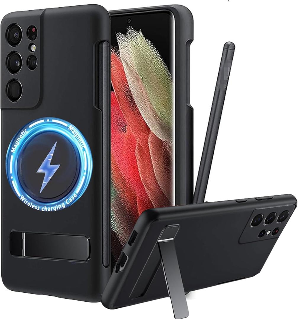 for Galaxy S21 Ultra Case with S Pen Holder, Strong Magnetic Compatible with MagSafe, Adjustable Metal Kickstand, Liquid Silicone Phone Cover with Stylus Slot for Samsung Galaxy S21 Ultra (Black)