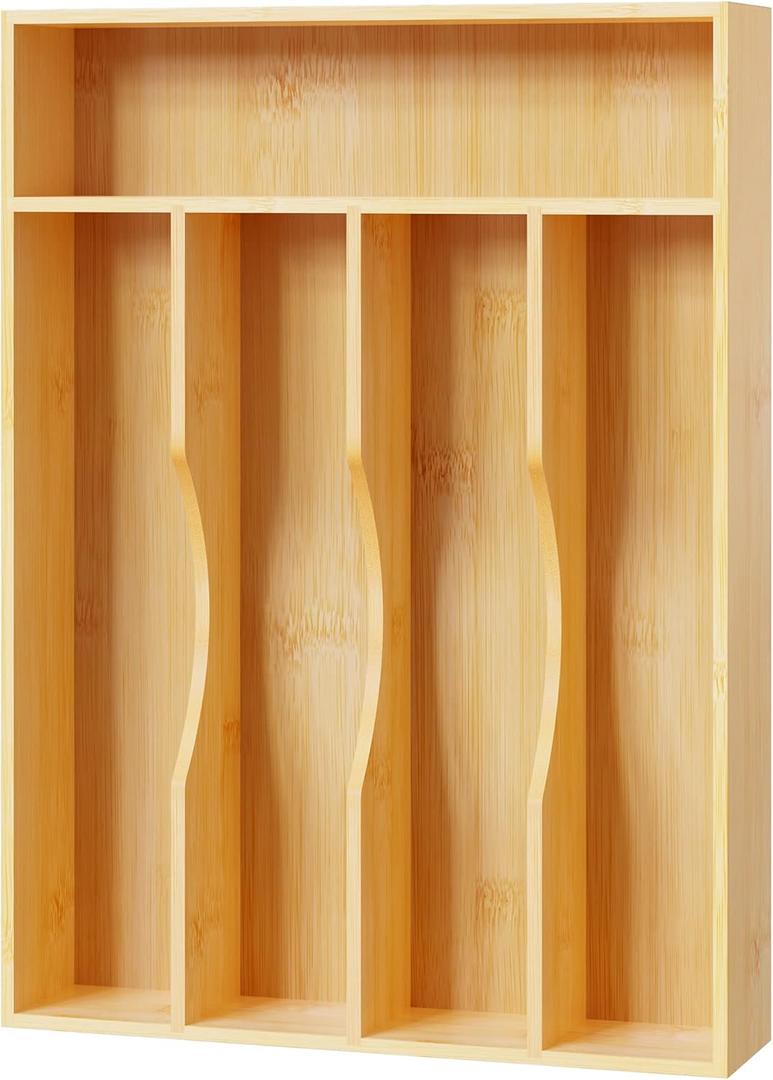 Bellsal Utensil Organizer 10 Inch Silverware Tray for Drawer Utensil Holder Cutlery Organizer Kitchen Drawer Organizer 5 Compartment Small Narrow Bamboo (Natural)