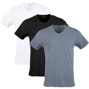 Gildan Men's Cotton Stretch T-shirts, Multipack, White/ Black Soot/ Grey Flannel (V-neck 3-Pack), Large