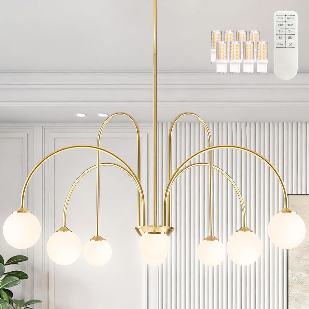 Bagood Modern Sputnik Chandelier Mid Century Chandelier for Dining Room 8-Light 39" Brushed Gold Large Sputnik Globe Chandelier with Milk Glass Globe Shade for High Ceiling (Bulbs & Remote Incl.), 38.5 in