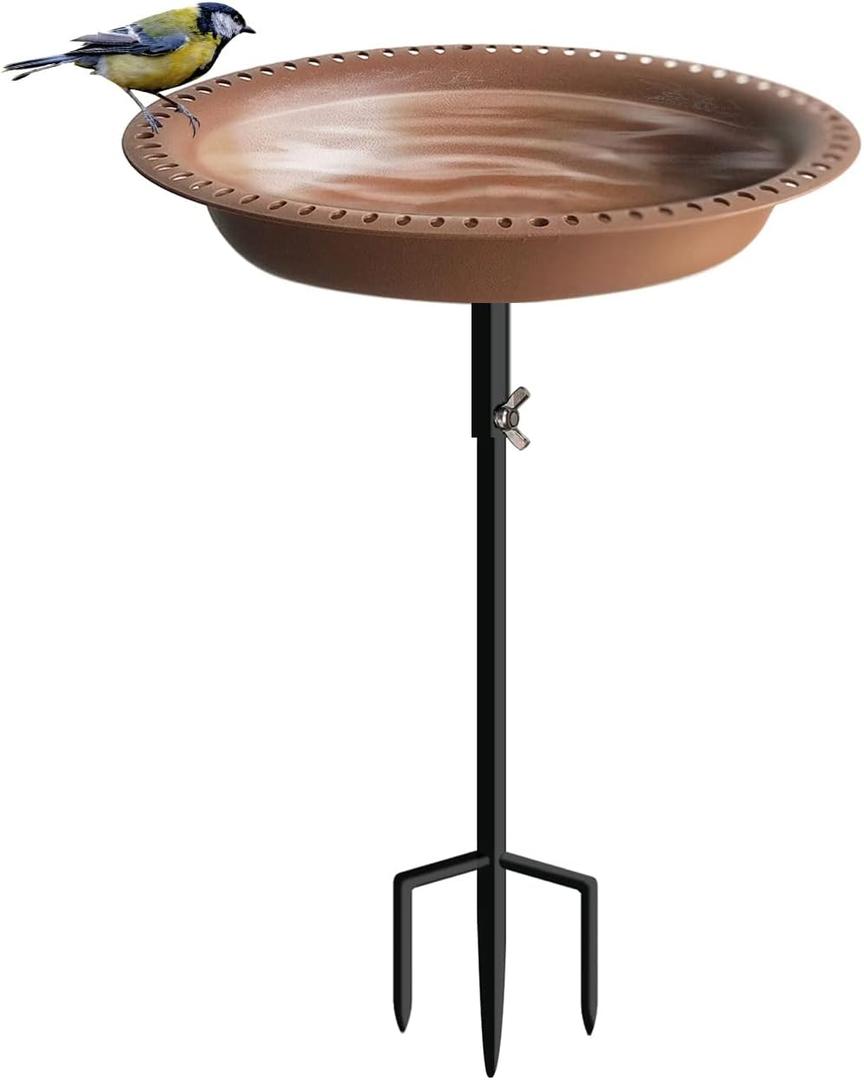 Koutemie 1- Gallon Detachable Free Standing Garden Bird Bath Bird Feeder Bowl with Metal Stake for Outdoor, Deep Brown, 29 Inch