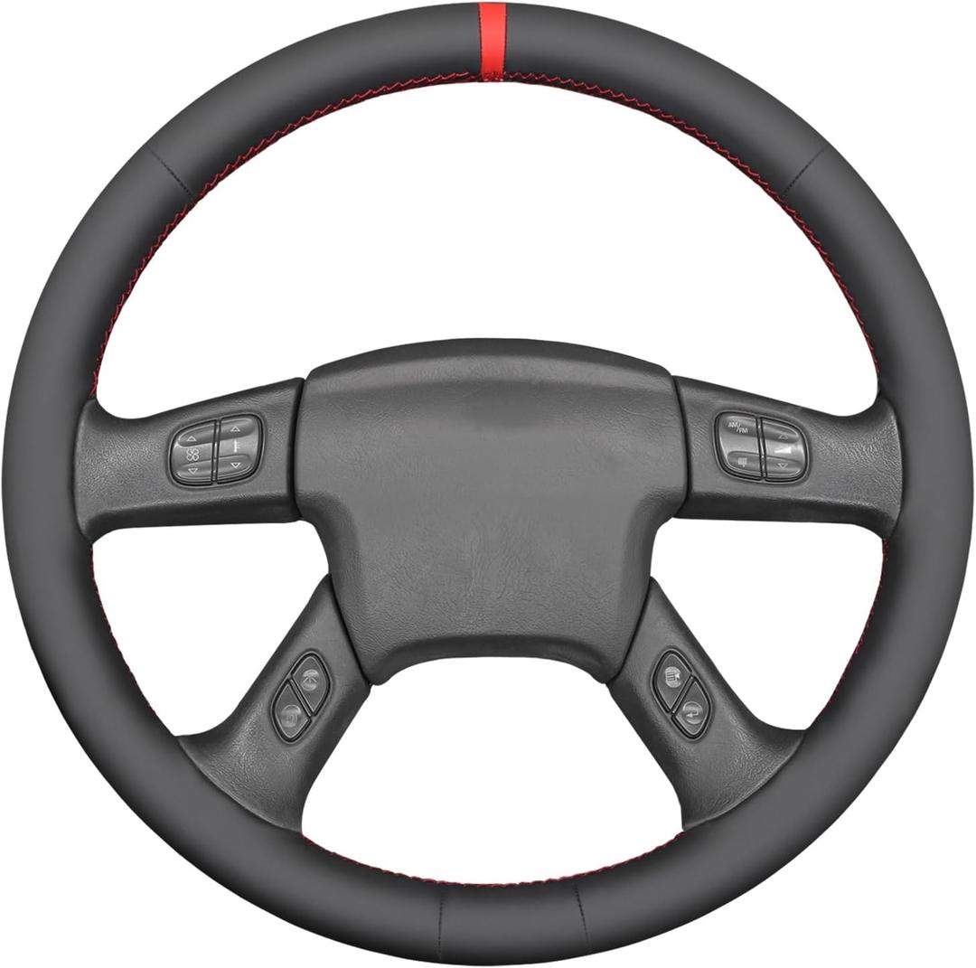 MEWANT Steering Wheel Cover for Chevy Silverado 1500/2500 / 3500 2003-2006 / Silverado 1500 2500HD 3500 Classic/Trailblazer Hand-Stitched Microfiber Leather Steering Wheel Wrap (Red Stripe + Red Thread)
