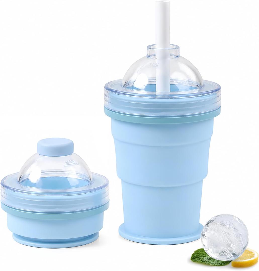 2-in-1 Collapsible Silicone Ice Ball Maker Cup with Straw,Leak-Proof Large Round Ice Cube Mold,Portable Travel Ice Ball Mold Cup Drink Container for Juice,Whiskey,Cocktails & Coffee Outdoor (Blue)