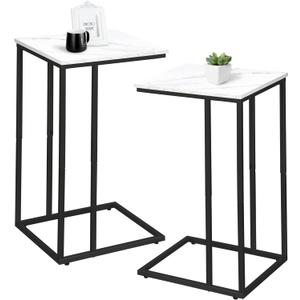C Shaped Side Table Set of 2, Marble End Table for Sofa and Bed, Couch Table That Slide Under, Snack Side Table for Living Room, Bedroom or Small Spaces, White and Black