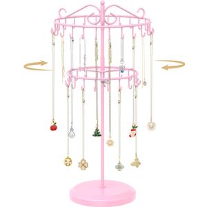 MODOWEY Rotating Necklace Holder Organizer Display Stand with 42 Hooks, 2 Tier Adjustable Metal Tree for Long Necklace Hanger Selling, Tall Spinning Bracelet Storage Rack for Men Women, Pink