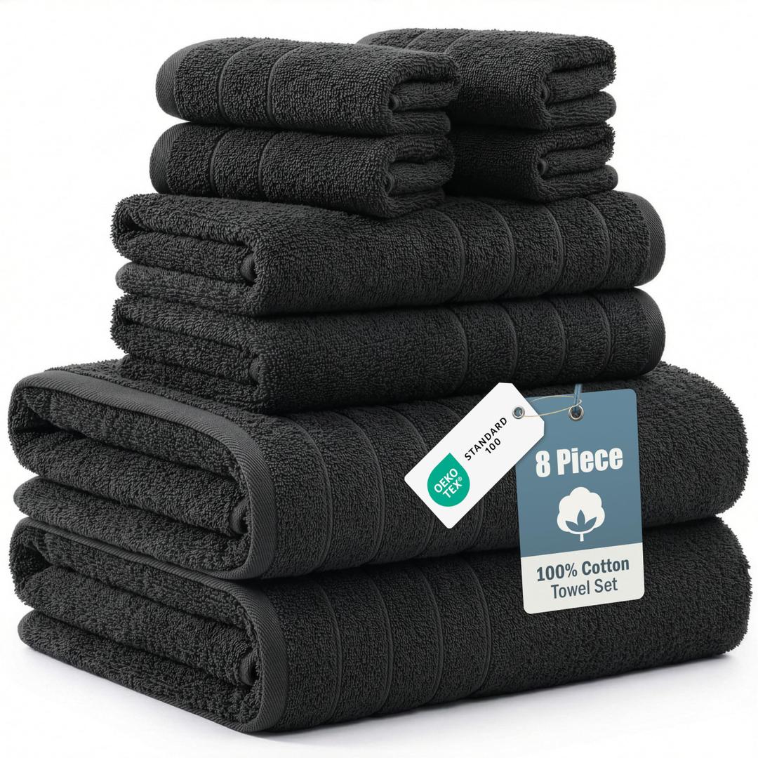 Casa Platino 100% Cotton Bath Towel Pack of 8 - Soft, Quick Dry & Highly Absorbent - 2 Bath, 4 Washcloths, 2 Hand Towels for Bathroom - Durable, Premium Quality & Ideal Gift for Him - Midnight Black