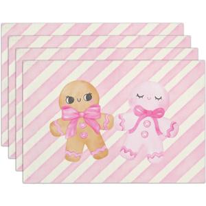 Gingerbread Candy Christmas Placemats for Dining Table, Pink Cotton Linen Table Mats Set of 4, 12x18 Inch Seasonal Winter Christmas Holiday Kitchen Party Decor Home Decoration -14