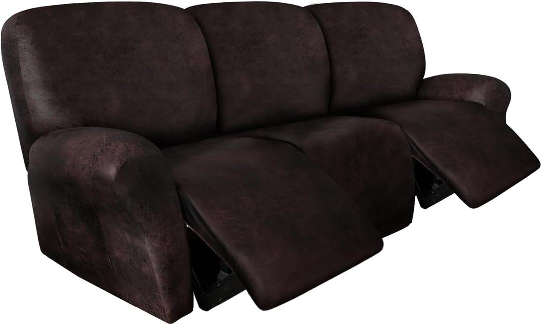 ANARACHON Leather Look Recliner Couch Cover 8Piece Recliner Sofa Slipcovers 3 Seater for Reclining Couches Furniture Protector Spandex Fabric Washable (Recliner Sofa, Brown)