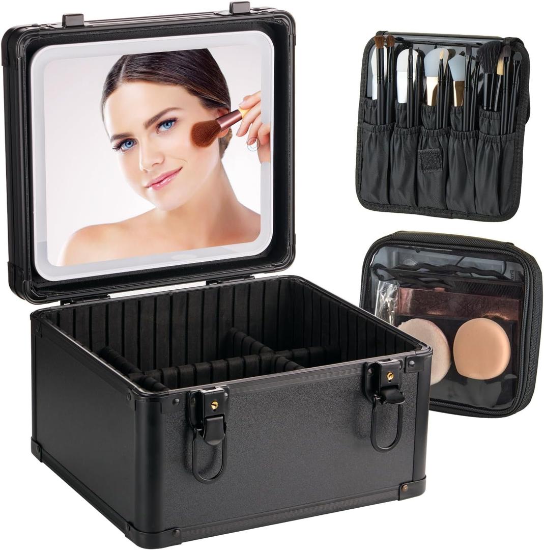 Makeup Case with Lighted Mirror, Travel Makeup Bag Organizer with 3CCT LED Mirror, Cosmetic Bag for Women with Adjustable Divider, Makeup Storage Box with Lock, Waterproof Travel Train Case