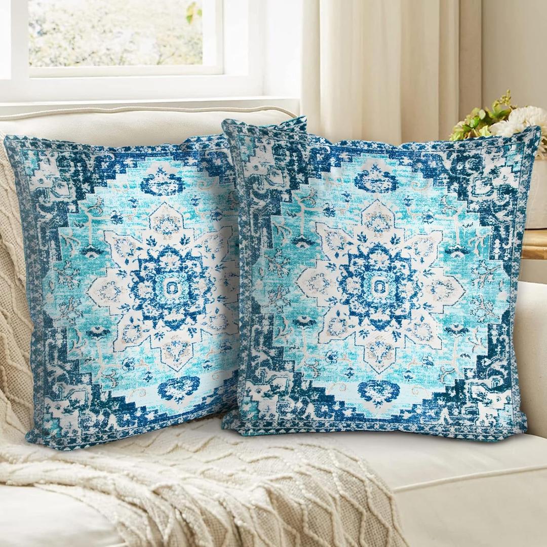 BUAEL Boho Throw Pillow Covers 18x18 inch Set of 2, Bohemian Vintage Carpet Pattern Antique Ethnic Decor Double Sided Pattern Cushion Cover Soft Pillow Case Living Sofa Room Bed Square Pillow Cover