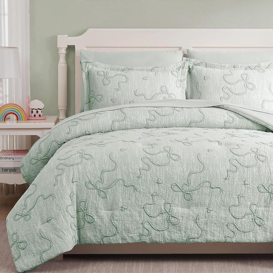 Geniospin Light Green Full Comforter Set for Girls- 7 Pieces Bowknot Jacquard Bed in A Bag Full Bedding Sets with Sheets, Pillowcases & Shams, All Season Kids Comforter Set