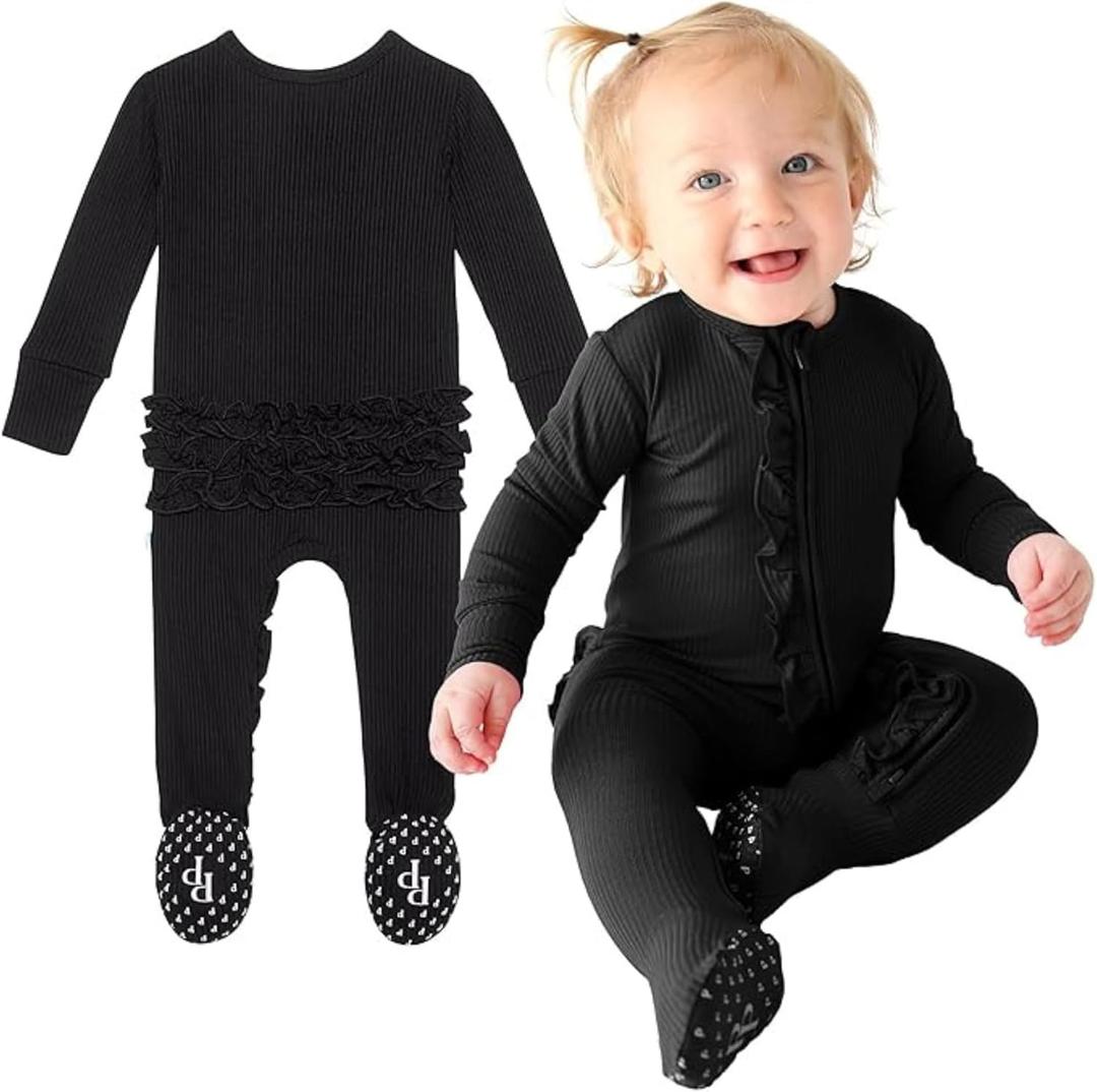 Posh Peanut Footie Pajamas for Baby Girls  Sleepers in Viscose from Bamboo with 2-Way Zipper & Ruffle Trim (6-9 Months, Solid Ribbed Black)