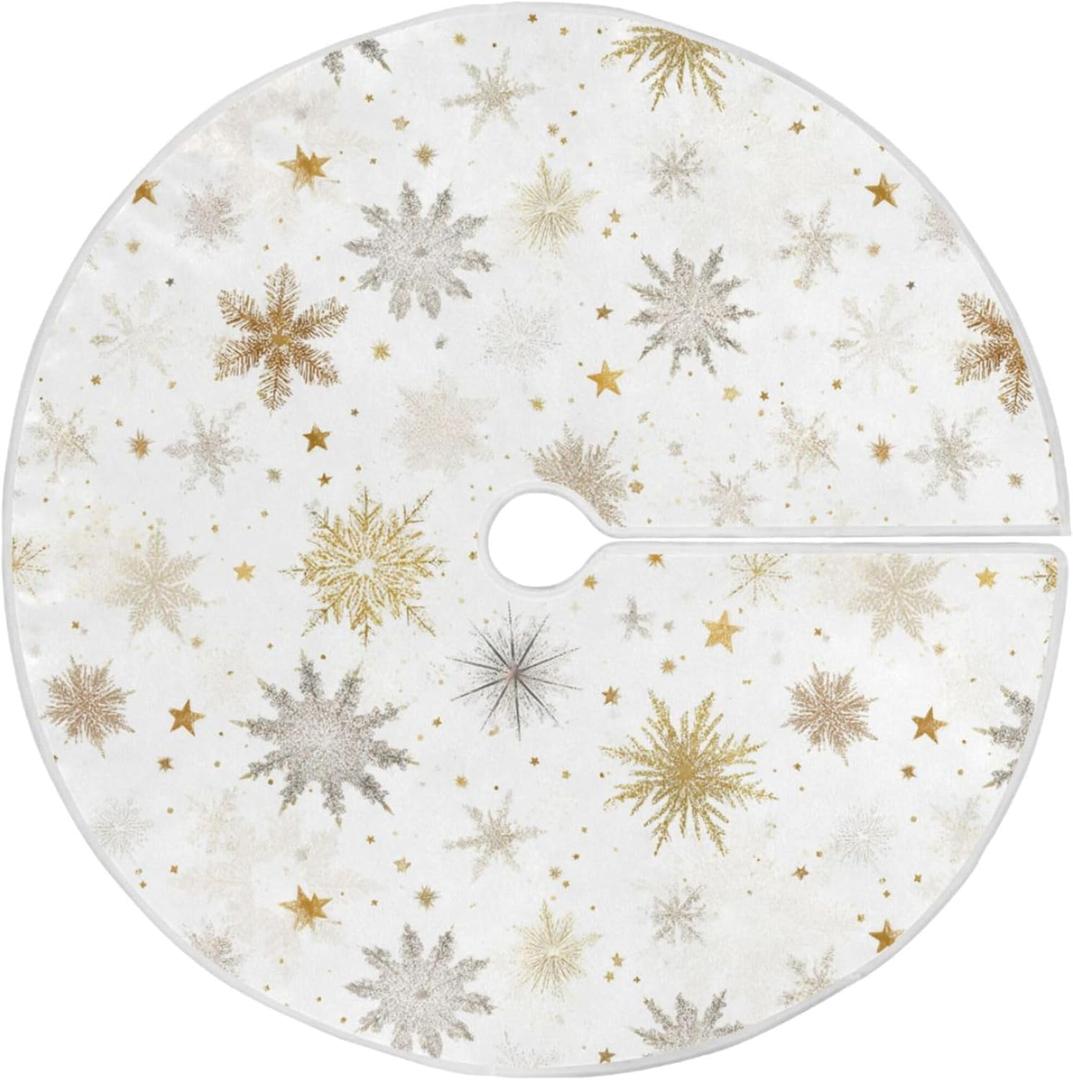 Snowflake White Golden Christmas Tree Skirt 36 inch Decorations Winter Snowman Xmas Tree Mat Small for Holiday Party Supplies Rustic Ornaments Mini Tree Skirt