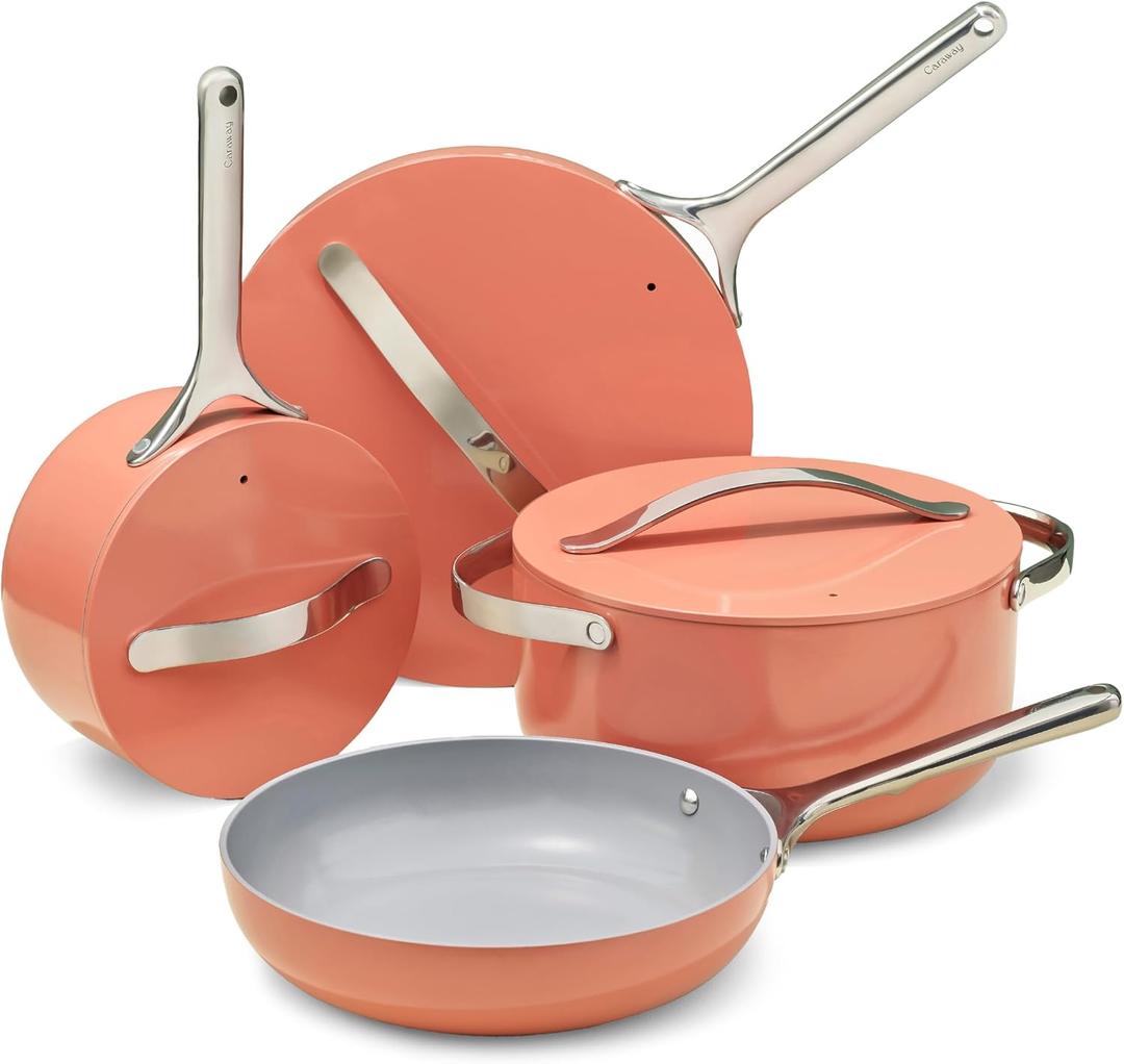 Caraway Non-stick Ceramic Cookware Set (12 Piece) Pots, Pans, Lids and Kitchen Storage - PFAS & PFOA Free - Oven Safe Pan Set & Compatible with All Stovetops - Perracotta, 12pc Set