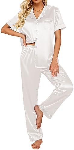 Ekouaer Silk Satin Pajamas Set Women Short Sleeve Sleepwear Soft Button Down Loungewear Pjs Set White X-Large