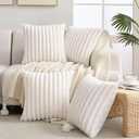 Volcanics Set of 4 Faux Fur Plush Decorative Throw Pillow Covers 20x20 Inch, Luxury Striped Cushion Cases Soft Fluffy Accent Pillowcases for Sofa, Couch and Bed, Cream White