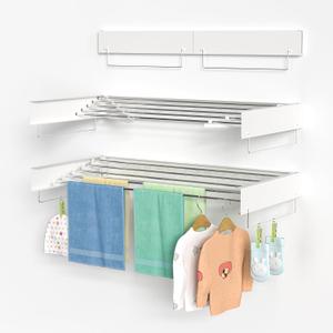 Wall Mounted Drying Rack  Space-Saving Foldable Laundry Clothes Dryer with 2 Towel Rails, 3 Hangers & 6 Pegs Included |Collapsible Wall Drying Rack | Indoor & Outdoor Use, 31.5 Inches