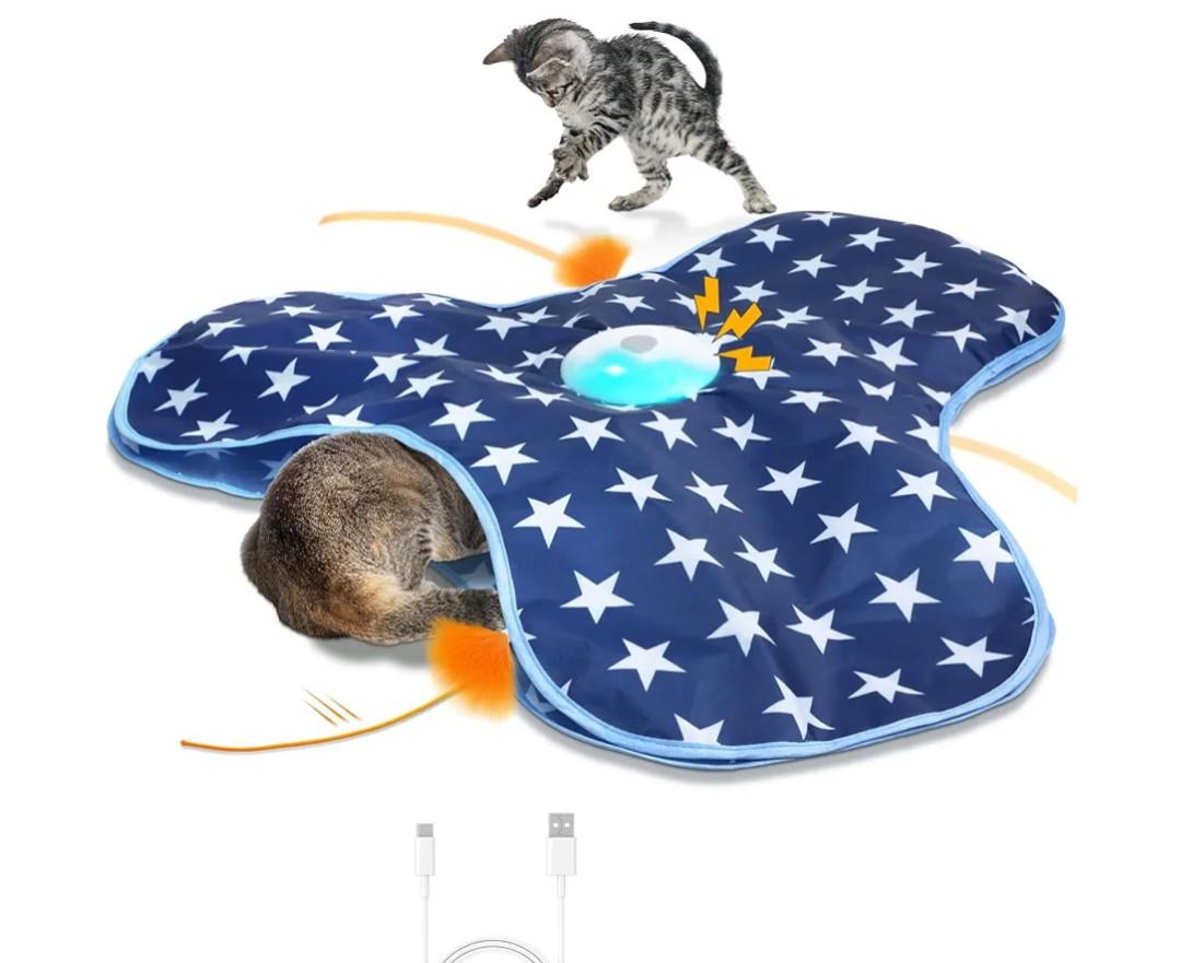 Interactive Cat Toy Rechargeable, Cat Exercise Toys for Indoor Bored Adult Cats, Hide and Seek Toy with Motion Activated, Moving Feather, Chirping