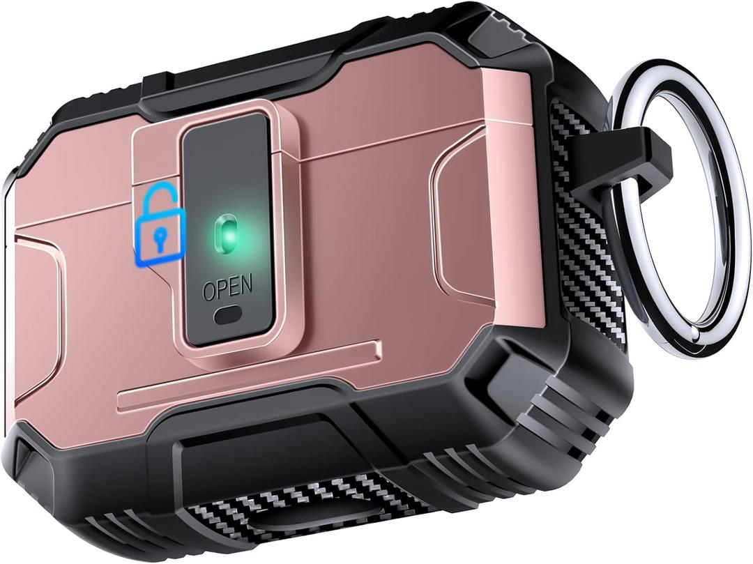 Armoured Heavy Duty for AirPods Pro2 Generation Case with Lock & Keychain, 360Heavy Duty Drop Protection, 1-Click Open & Magnetic Lid, AirPods Pro 2nd Hard Cover Case for Outdoor & Travel-Rose Gold