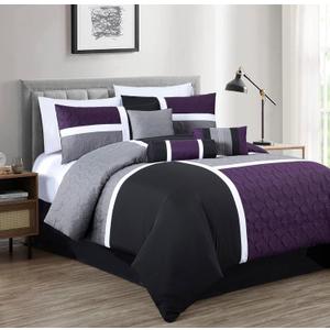 Chezmoi Collection Upland 7-Piece Quilted Patchwork Comforter Set, Purple/Black/Gray, Oversized King